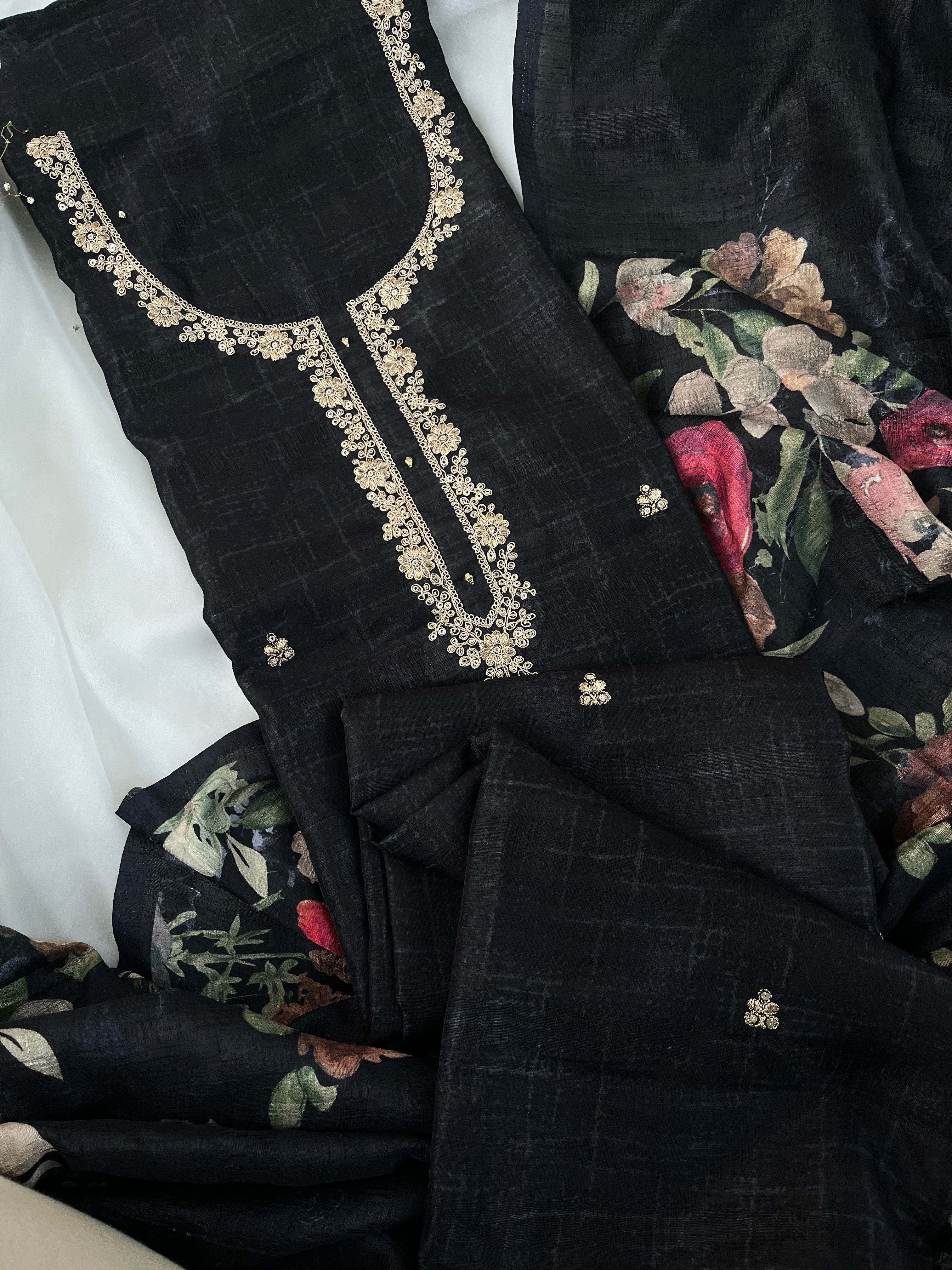 Black Semi Tussar Semi Stitched Salwar
